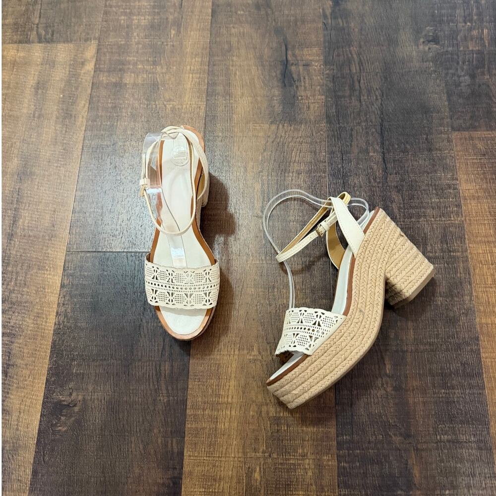 Tory Burch Espadrille Block Heel Sandals Ivory Leather Ankle Strap Size 9.5